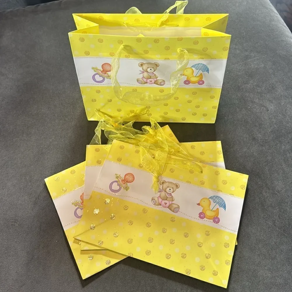 Baby Shower Gift Bags 12 Pack Ribbon Handles 3 Designs Yellow Pink Green NEW